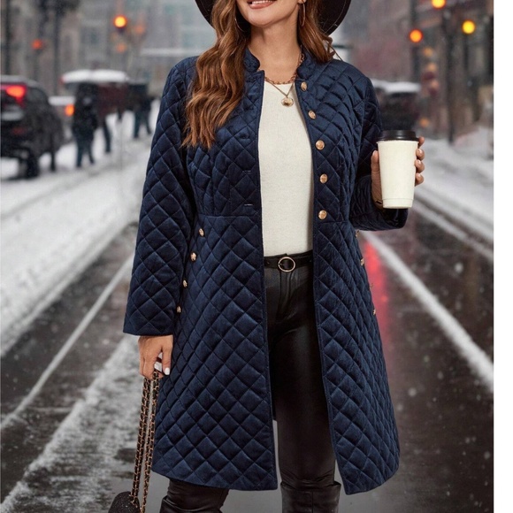 Plus Quilted Button Down Pockets Jacket Coat - Picture 1 of 11